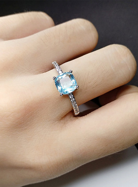 欧美仿蓝宝石方形硞石镶钻镀白金戒指少女学生求婚订婚甜美钻戒