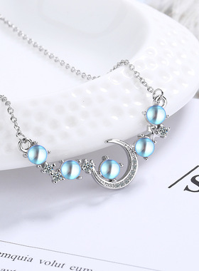 韩版时尚星星月亮合成月光石项链少女学生简约甜美幻彩镶钻锁骨链