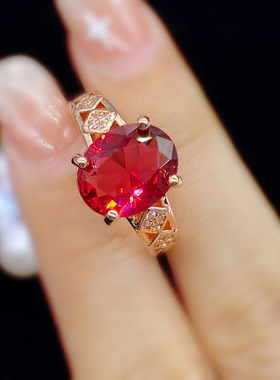 欧美高端珠宝女士简约甜美气质结婚钻戒仿真红碧玺镀玫瑰金戒指