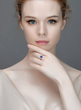 欧美高端珠宝女士简约气质长方形仿真蓝宝石镀白金戒指可调节指环