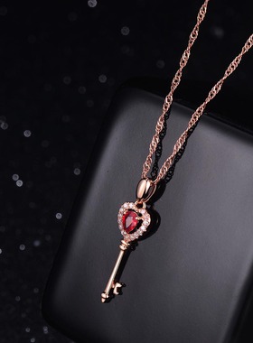 项链少女学生钥匙水滴形仿真红宝石吊坠镀18K玫瑰金项链生日礼物