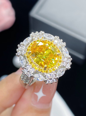 欧美高端珠宝少女简约甜美金黄锆石仿真黄水晶满钻分色镀金戒指