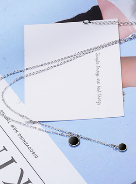 项链韩版气质高雅黑色滴釉圆形吊坠少女学生简约个性镀白金项链