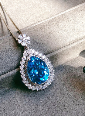 少女学生简约气质水滴形仿真海蓝托帕石硞石镶满钻吊坠气质项链