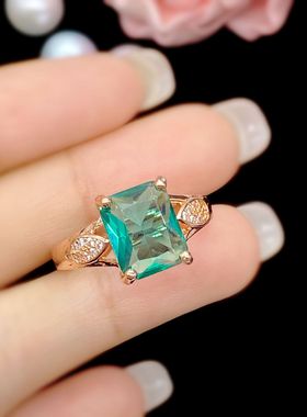 欧美高端珠宝女士长方形孔雀绿钻仿真绿碧玺硞石镶钻镀玫瑰金戒指