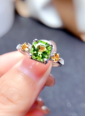 女士气质橄榄绿几何方形锆石镀白金戒指公主方钻开口可调节指环