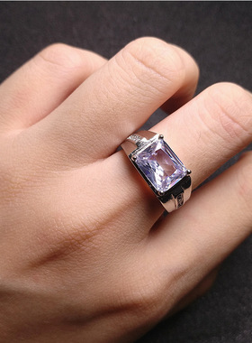欧美时尚几何形商务男款皇家蓝宝石戒指仿真钻霸气男士镀白金指环