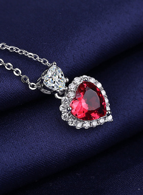 欧美时尚海洋之心红宝石硞石镶钻吊坠少女学生甜美项链珠宝礼物