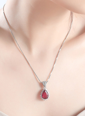 项链女简约甜美水滴形仿真红碧玺宝石硞石镶钻吊坠镀白金锁骨链