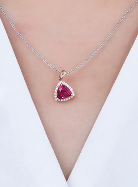欧美高端珠宝女士三角形时尚仿真红碧玺镶钻吊坠镀玫瑰金色项链