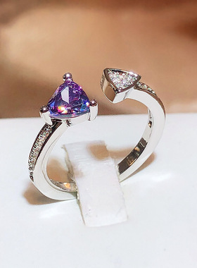 欧美高端珠宝不规则爱心仿紫水晶三角形锆石镶钻镀白金开口戒指
