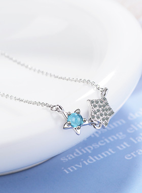 韩版时尚蓝色人造水晶小星星吊坠硞石镶嵌项链少女学生简约锁骨链