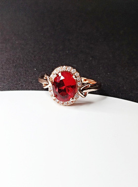 欧美仿红宝石甜美戒指镀18k玫瑰金红水晶戒指情侣求婚订婚指环礼