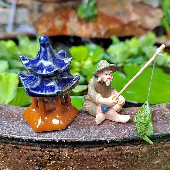 Fire Red Illusion Miniature Fishing Man Ornament