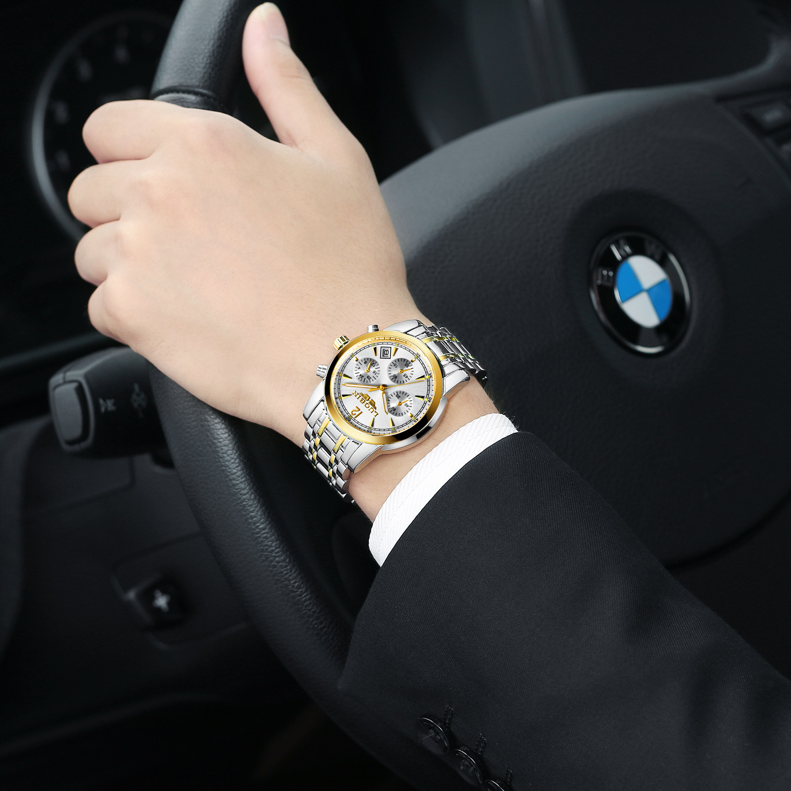 罗宾正品钢带夜光防水多功能石英表 luobin国产腕表