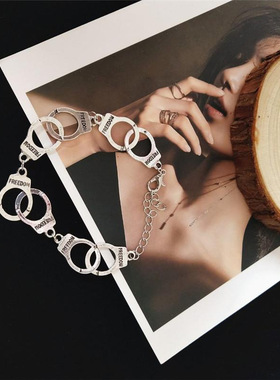 男款欧美港风潮拼接手铐四节手链铁链条正方圆圈环项圈网红锁骨链