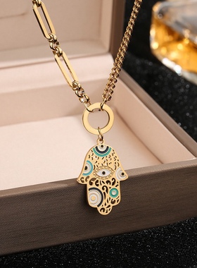 欧美跨境通体钛钢豹纹滴油工艺蓝眼睛镂空耳环电镀手掌项链耳饰