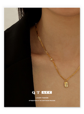 黄铜镀18K真金 法式轻奢风锆石镶嵌方形吊坠锁骨链手工项链女百搭