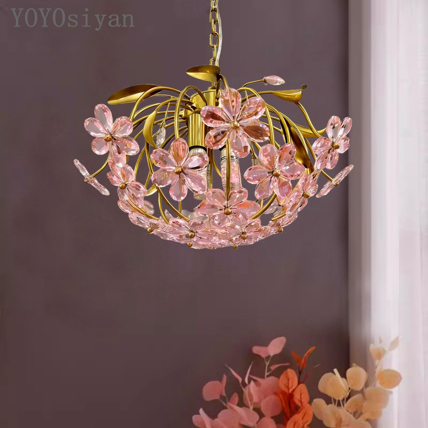 YOYO 轻奢法式全铜南瓜粉色水晶花吊灯 客厅餐厅卧室女儿房衣帽间,淘宝优惠券,粉丝福利购,淘宝优惠卷