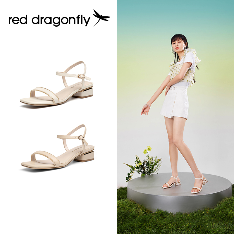 红蜻蜓女鞋官方旗舰店红蜻蜓凉鞋女2022夏季新款小众气质方头一字带低跟女凉鞋WFK221930