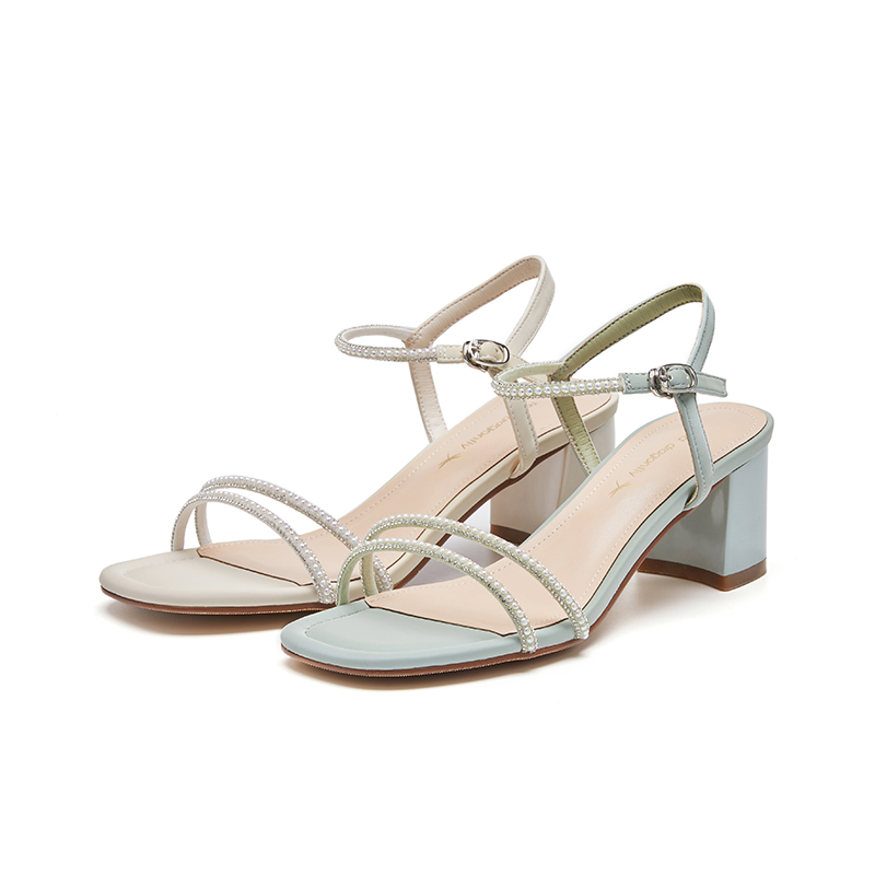 红蜻蜓女鞋官方旗舰店红蜻蜓女鞋年夏季新款高跟方头真皮鞋女仙女风水钻时装凉鞋3