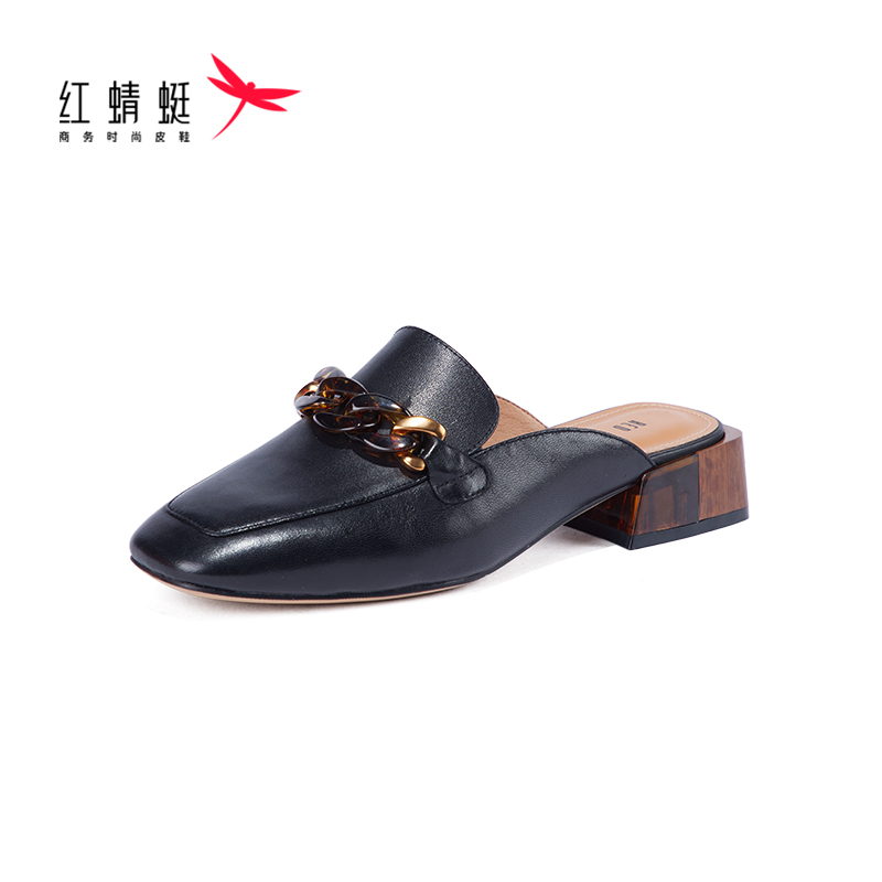 红蜻蜓女鞋官方旗舰店商场专柜同款红蜻蜓女鞋夏季新款一脚蹬方头复古拖鞋女穆勒鞋0