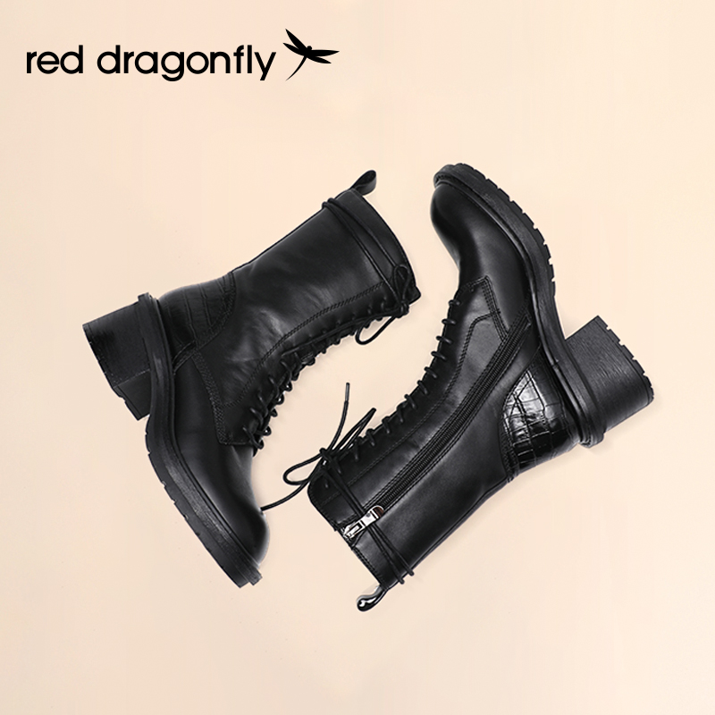 红蜻蜓女鞋官方旗舰店Angelababy同款红蜻蜓马丁靴女机车靴粗跟加绒真皮短靴C1800000Y1