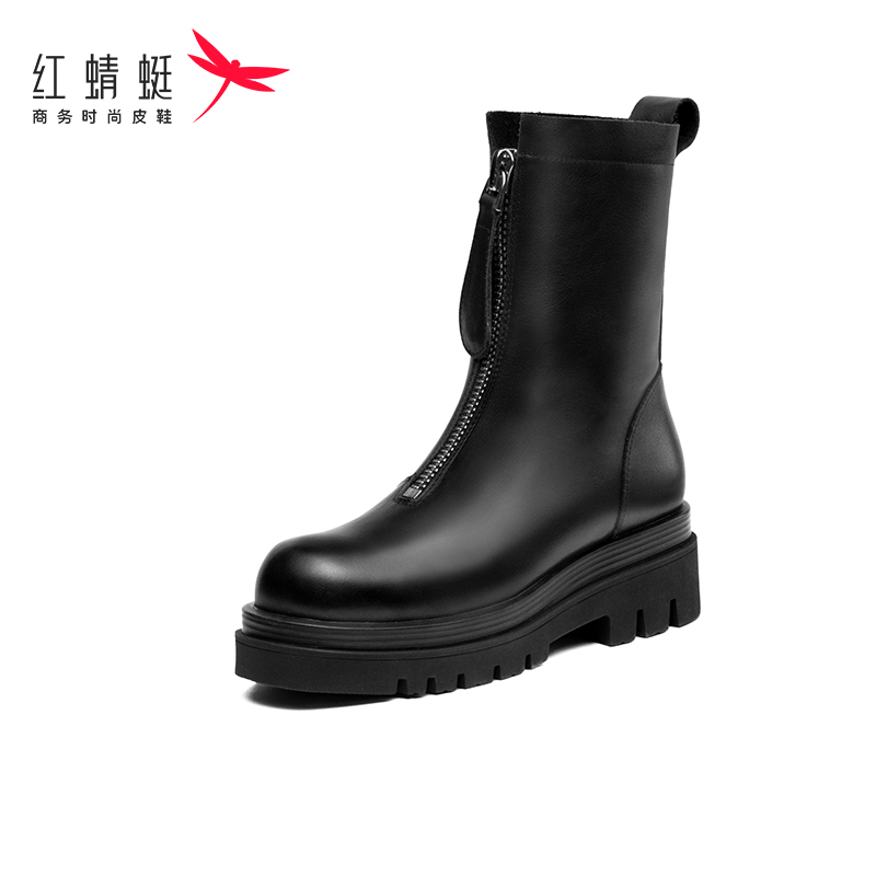 红蜻蜓女鞋官方旗舰店红蜻蜓女鞋切西尔短靴英伦风时尚ins潮流厚底bv烟筒靴子女0