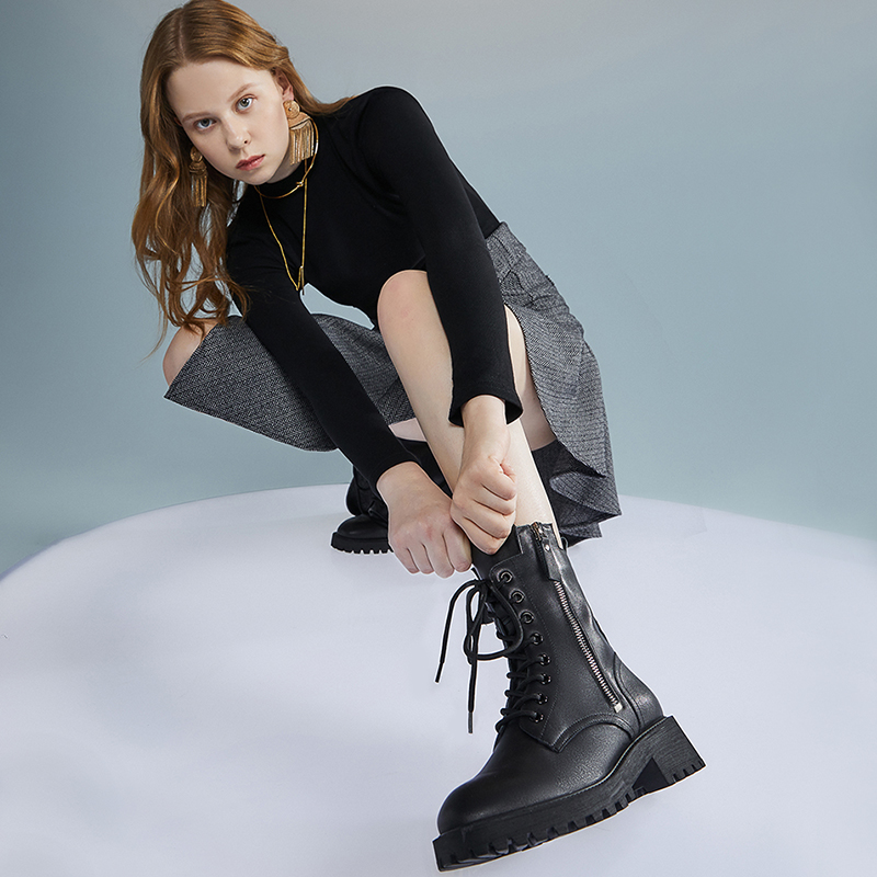 红蜻蜓女鞋官方旗舰店红蜻蜓Angelababy明星同款马丁靴女冬中筒加绒厚底女鞋C1800203V3