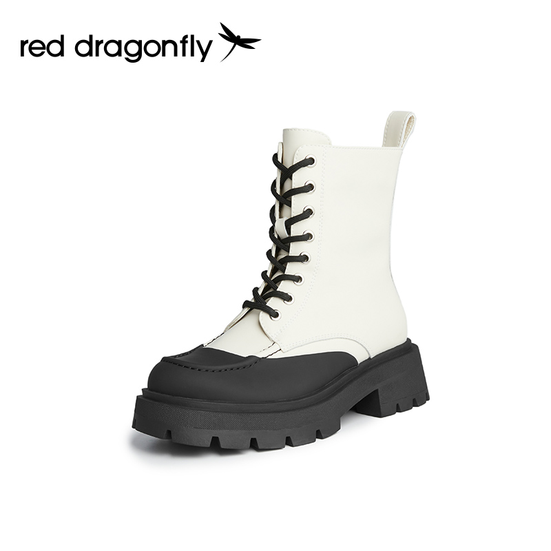 红蜻蜓女鞋官方旗舰店红蜻蜓马丁靴女秋冬新时尚潮酷厚底增高系带拼接撞色马丁靴0