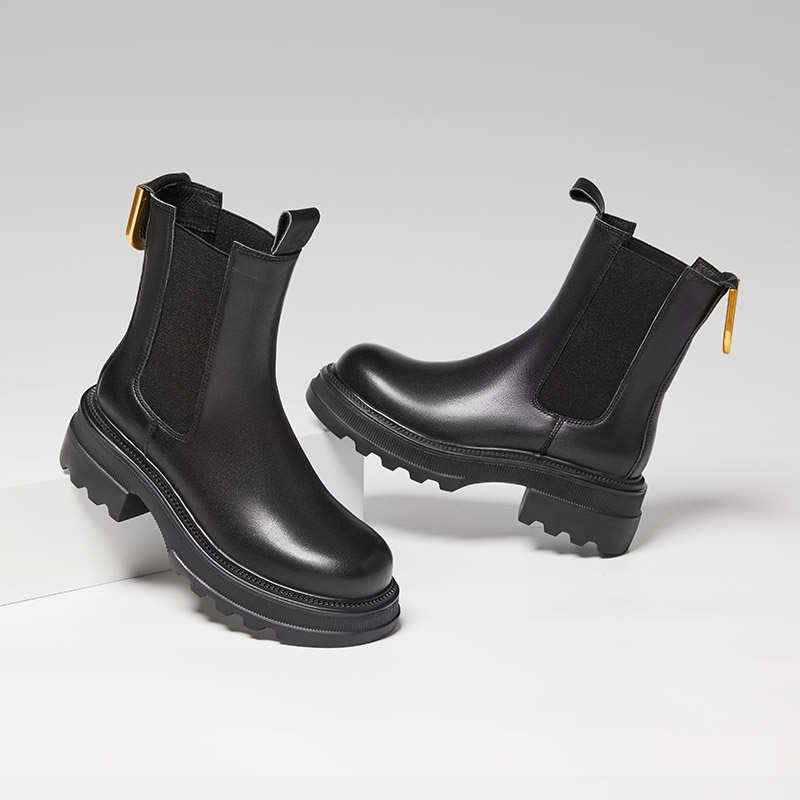 红蜻蜓女鞋官方旗舰店红蜻蜓切尔西靴女21秋冬季马丁靴金属扣中筒烟筒靴齿轮鞋C22502501