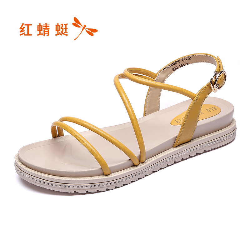 红蜻蜓女鞋官方旗舰店红蜻蜓女鞋夏季新款平底松糕底交叉绑带休闲百搭罗马风凉鞋女0