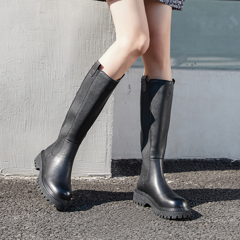 红蜻蜓女鞋官方旗舰店红蜻蜓长筒靴英伦风女鞋秋冬季加绒不过膝骑士靴厚底女靴WJC411521