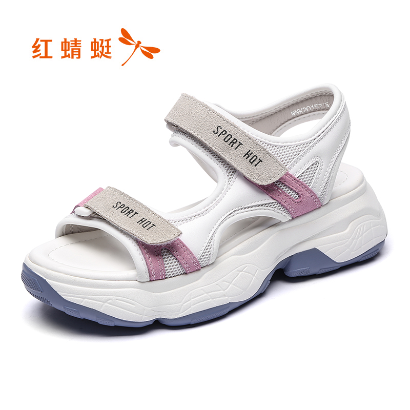 红蜻蜓女鞋官方旗舰店红蜻蜓年夏季新款厚底增高运动凉鞋女百搭ins魔术贴沙滩鞋女0