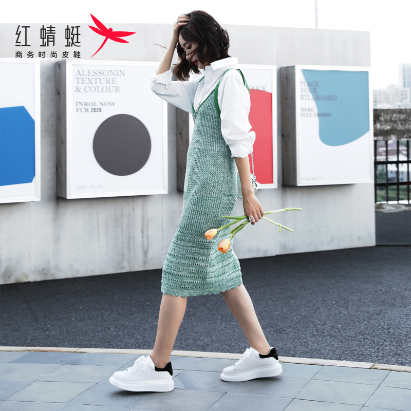 红蜻蜓女鞋官方旗舰店红蜻蜓女鞋秋季新款板鞋真皮百搭运动松糕鞋子女士厚底小白鞋3