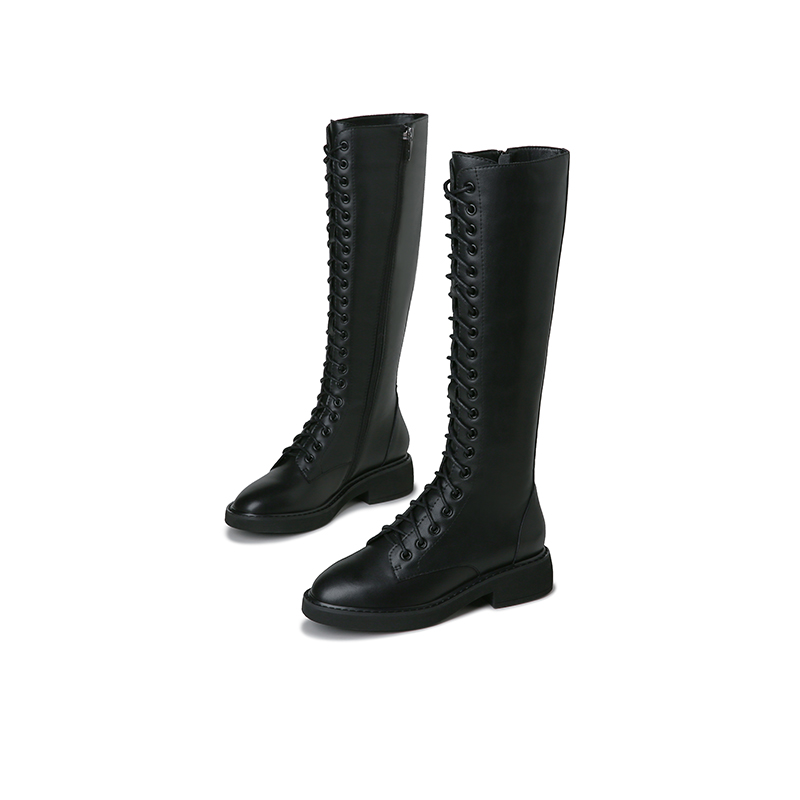 红蜻蜓女鞋官方旗舰店红蜻蜓长筒靴女秋冬新款骑士高筒靴系带马丁靴显瘦机车风靴子2