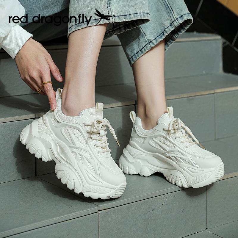红蜻蜓女鞋官方旗舰店红蜻蜓老爹鞋女2022春季新款白色厚底增高鞋子休闲运动鞋WTB222501