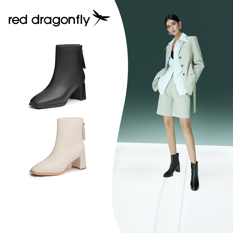 红蜻蜓女鞋官方旗舰店红蜻蜓短靴女年冬季新款高跟白色瘦瘦靴子女时装靴潮WFC415810
