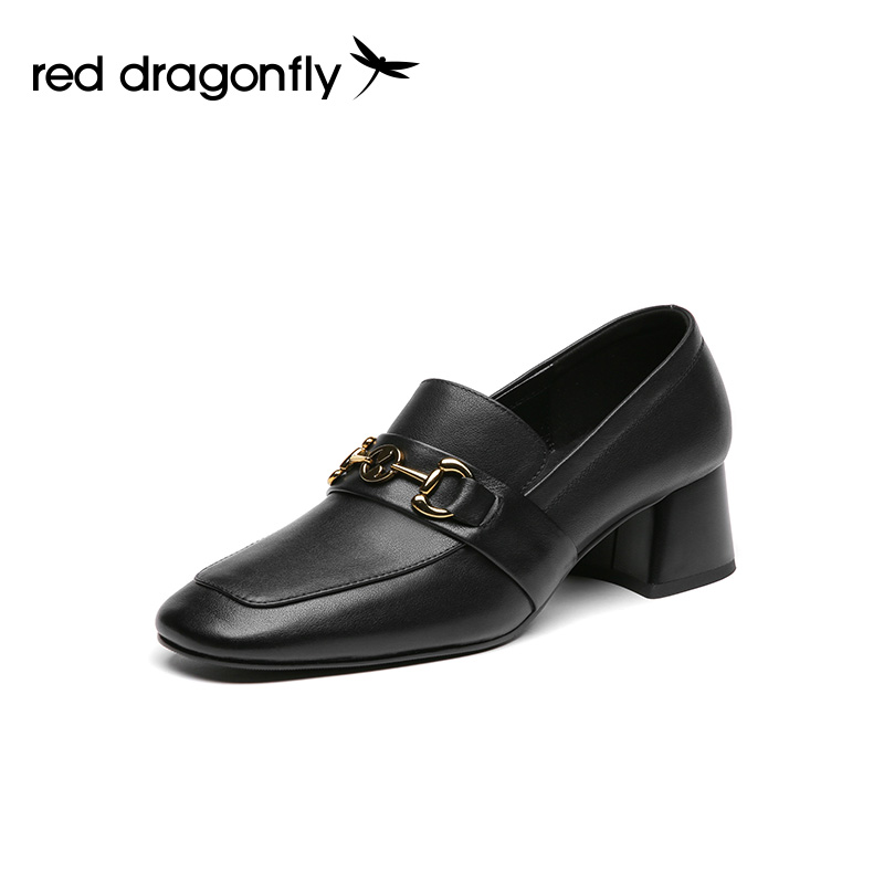 红蜻蜓女鞋官方旗舰店红蜻蜓乐福鞋女春季款马街扣中跟皮鞋白色通勤单鞋小皮鞋WFB110550