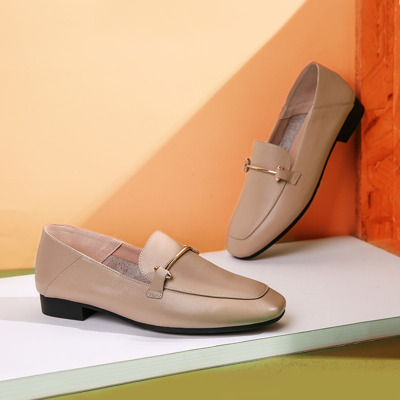 红蜻蜓女鞋官方旗舰店红蜻蜓平底单鞋女秋季新款方头小皮鞋百搭一脚蹬豆豆真皮乐福鞋女2