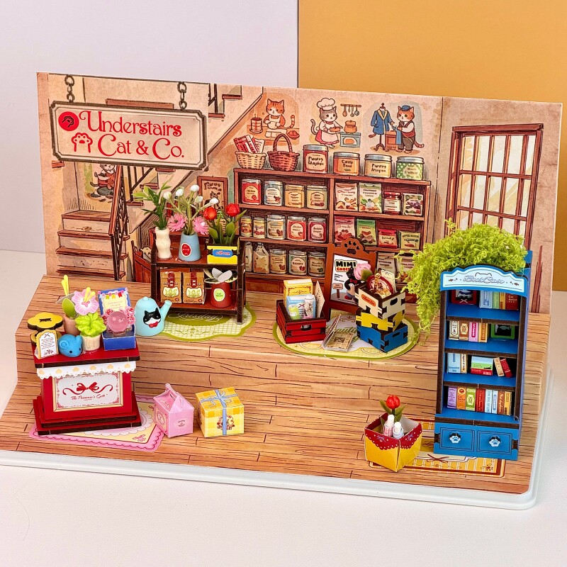 Kitten grocery store under the stairs wooden assembly model blind box handmade DIY three-dimensional miniature birthday gift