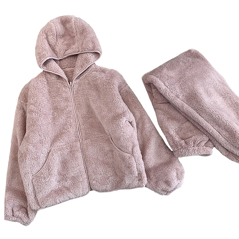 欧货连帽双面北极绒保暖加厚家居服套装女慵懒时尚睡衣两件套外穿 - 图3