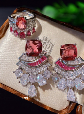 胭脂洋红 法螺宝石耳环 音符露珠 镀18K金 贵妇洋红水滴锆石戒指