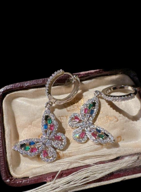 织纹雕金祖母绿泪滴宝石手镯 Vintage 镀18K金 彩虹蝴蝶锆石耳环