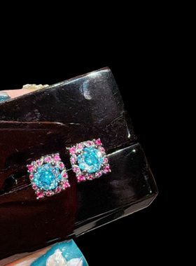 珠宝 霓虹蓝玫瑰切宝石吊坠项链 高级感 钢琴黑胭脂粉耳环套装