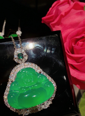 珠宝 马料绿玉髓玛瑙鸽子蛋吊坠项链 新中式 佛公套链媲美翡翠