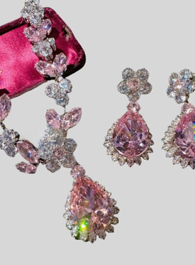 繁花仙女粉花朵水滴宝石项链 帕帕拉恰 镀18K金 泪滴锆石耳环套装