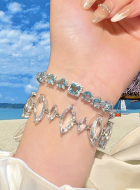 雷克雅末克水滴宝石手链 古董感 镀18K金 水蓝托帕不规则锆石手链