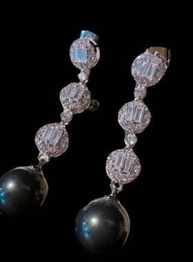 古巴比伦钢琴黑小猫宝石戒指 深海贝珠 梯方圆锆石黑珍珠 耳环