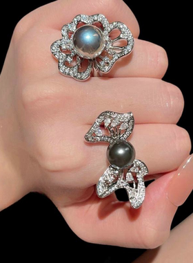 塔希提幻彩黑珍珠蝴蝶结宝石戒指 大溪地黑蝶蚌 花瓣锆石贝珠戒指